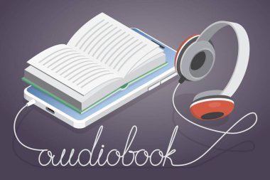 3d düz vektör izometrik görüntü bir sesli kitap. Kulaklıklar açık bir kitapla akıllı telefona bağlıdır. Koyu arkaplanda izole.