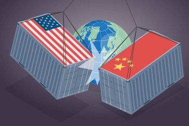 ABD ve Çin savaş konsepti ticareti yapıyor. İskele vinç, bayraklı iki kargo konteynırı. 3B düz izometrik vektör çizimi.