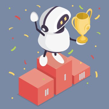 Robot altın kupa kazanıyor. Ödül, kutlama, cyborg. Teknoloji konsepti. 3d vektör düz izometrik çizim.