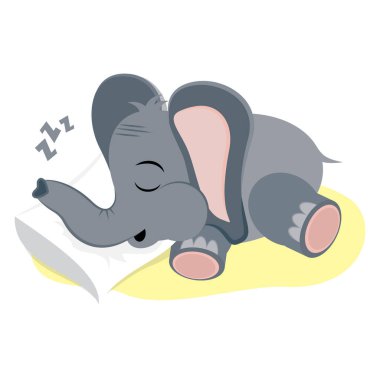 Uyuyan komik bir fil çizgi filmi. Beyaz arka planda sevimli bir hayvan karakteri. Çocuk tasarımı, vektör illüstrasyonu, 10 Pound.