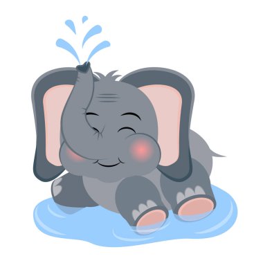 Komik karikatür fili hortumundan su döktü. Beyaz arka planda sevimli bir hayvan karakteri. Çocuk tasarımı, vektör illüstrasyonu, 10 Pound.