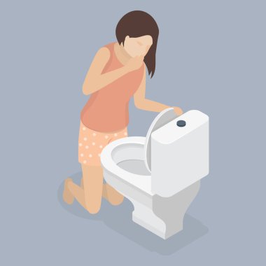 Tuvalette kusan hasta kadın. Gıda zehirlenmesinden, hamilelik belirtilerinden ya da sarhoşluktan kusan mide bulantısı. 3d düz izometrik vektör çizimi.