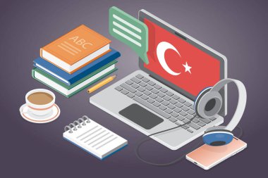 Türkçe dersleri. Online dil kursları konsepti. İnternet dersi, e-öğrenme, uzaktan eğitim, uzak okul, üniversite. 3d düz izometrik vektör çizimi.