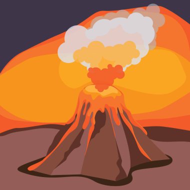 Gece manzarasında volkanik patlama. Sıcak lav ve dağ kraterinden akan buhar bulutunun vektör çizimi. Üçüncü aşama. Basit bir çizgi film tasarımı. Eps 10