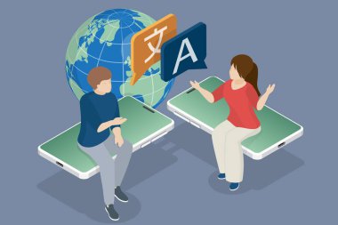 Çevrimiçi çevirmen, cep telefonu konsepti. Cep telefonu çeviri uygulamasında sohbet mesajı. Çevirmen uygulaması. Erkek ve kadın akıllı telefon kullanarak iletişim kurar. 3d düz izometrik vektör çizimi.