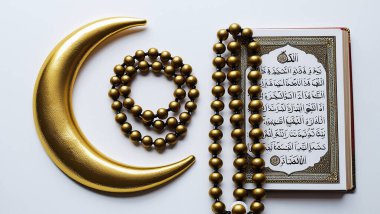 Gold Crescent Moon, Prayer Beads, and Open Quran on White Background clipart