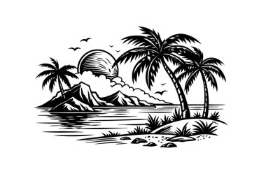 Black and White Engraving of Beach with Palm Trees and Sea Coastal illustration on white background. 