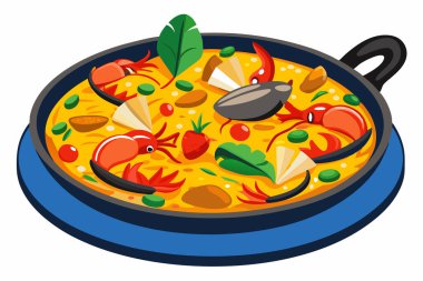 İspanyol Paella Simgesi Geleneksel Paella Pan yanında pirinç, deniz ürünleri ve sebzeler, beyaz arka planda izole edilmiş.