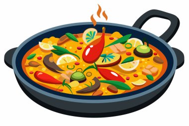 İspanyol Paella Simgesi Geleneksel Paella Pan yanında pirinç, deniz ürünleri ve sebzeler, beyaz arka planda izole edilmiş.