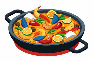 İspanyol Paella Simgesi Geleneksel Paella Pan yanında pirinç, deniz ürünleri ve sebzeler, beyaz arka planda izole edilmiş.