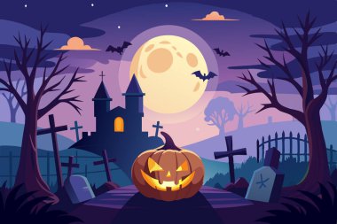 Halloween Background Scary Pumpkin, Full Moon, and Graveyard Scene for Spooky Banner or Card Design. clipart