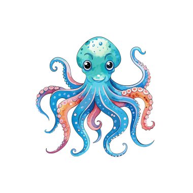 Hand-Drawn Watercolor Sea Animal Illustration, Octopus on White Background. clipart