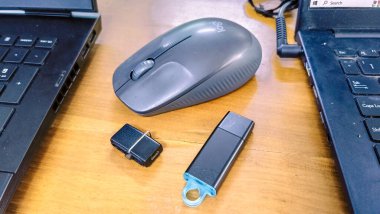 siyah flaş bellek ve iki dizüstü bilgisayarın arasına yerleştirilmiş bir fare