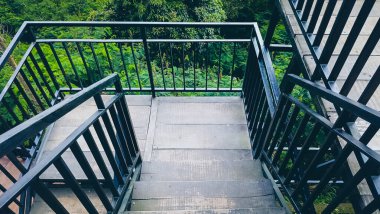 Korkuluklu ve ağaç manzaralı bir merdiven. Korkuluklar siyah ve merdivenler gri.