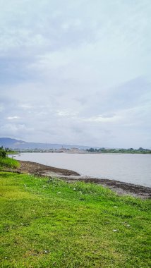 Arka planda köprü olan bir nehir. Su sakin ve çimenler yeşil. Huzurlu ve huzurlu bir sahne.