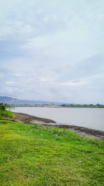 Arka planda köprü olan bir nehir. Su sakin ve çimenler yeşil. Huzurlu ve huzurlu bir sahne.