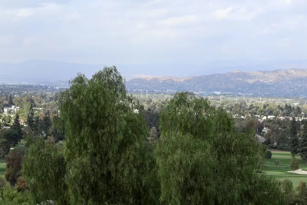 Parktaki yeşil vadide ağaçlar ve dağlar