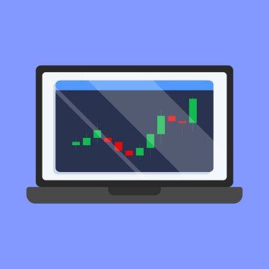 İş kar kaybı çizelgesi vektör simgesi. Laptop vektöründe ticari ticaret mumu grafiği.