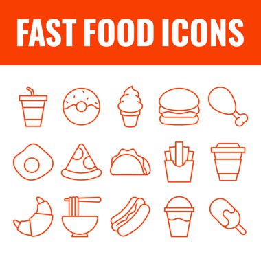 Fast Food ikonları hazır. Fast food vektör simgeleri. abur cubur simgeleri vektörü