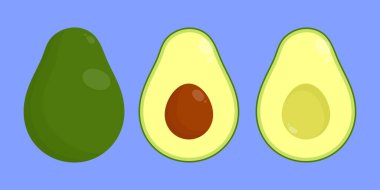 Avokado, yarı dilimlenmiş vektör çizimi. Avokado meyve seti vektör simgesi. avokado yarısı kesilmiş.