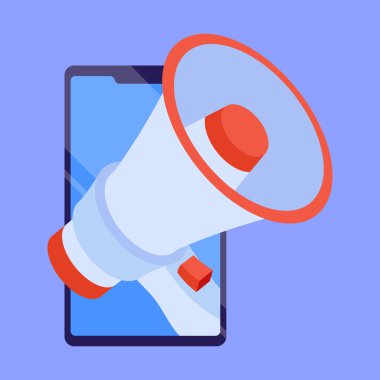Pazarlama megafon ikonu vektörü. Telefon işi promosyonunda megafon. Megafon pazarlama uyarısı