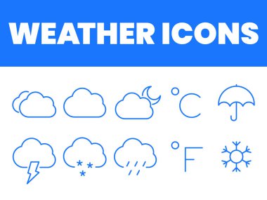 Hava ikonları ayarlandı. Hava tahmini ikon vektörü. hava durumu illüstrasyonları