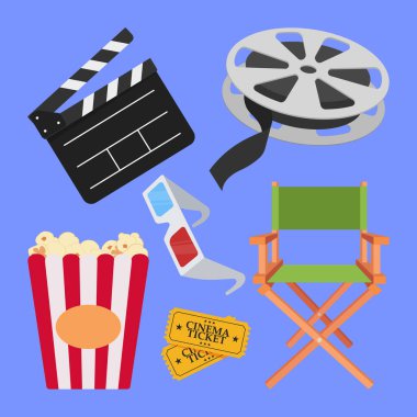 Sinema filmi vektör simgeleri belirler. Sinema yönetmeni illüstrasyona itiraz ediyor. Sinema elemanları simge vektörü.