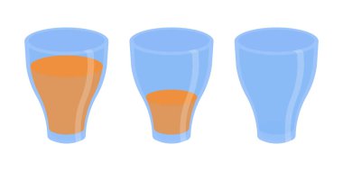 Dolu, yarım ve boş bir bardak portakal suyu ikonu seti. Portakal suyu bardak vektörü ayarlandı. Süt bardağı. Portakal suyu simgeleri