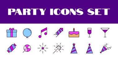 Doğum günü partisi simgeleri vektörü ayarladı. Parti Kutlama Simgeleri İllüstrasyonunu Ayarladı. Doğum günü simgeleri