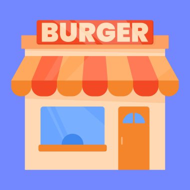 Burger shop illüstrasyon vektörü. Hamburger dükkanı ikonu. Hamburgerci