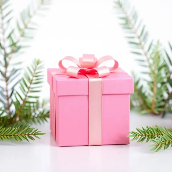 Beyaz arka planda köknar dalları olan pembe noel hediyeleri.