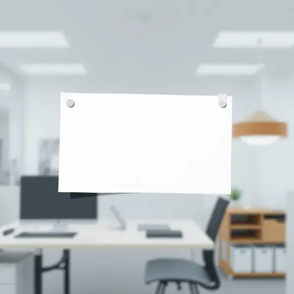 Ofisteki modern ofis masasında boş pankart.