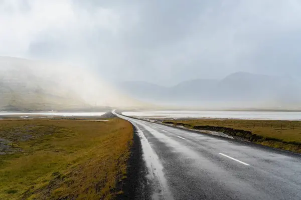 Boş bir asfalt yol İzlanda 'nın vahşi doğasını kesiyor. Yoğun bulutlu bir gökyüzü ve uçsuz bucaksız manzaralar altında.