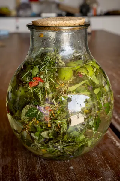 Doğal bitkiler ve taze meyveler şeffaf bir kavanoza doldurulmuş ve kırsal ahşap bir yüzey üzerinde su bulunmakta.