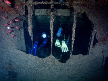 Bir dalış dalgıcı, derin denizde yüzen deniz canlıları ve parçacıklarla çevrili kalıntıları inceleyerek gizemli ve büyüleyici bir sualtı atmosferi yaratır.