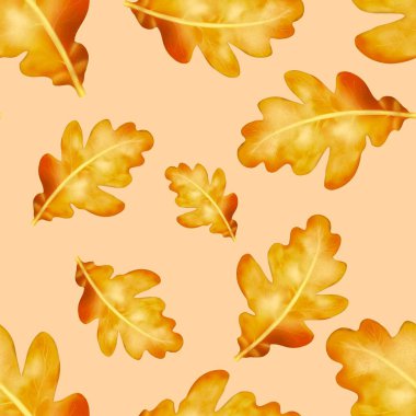 Yarı gerçekçi meşe yaprağı deseni. El yapımı yaprak deseni. Beyaz arka planda yaprak izole edilmiş. Bahar, yaz, sonbahar mevsimi konsepti, Paskalya, doğa. Kart, baskı ve kapak için tasarım