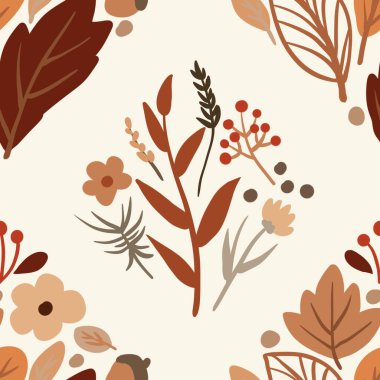 Güz Kış Şablonu Kapak, Bayrak ve Notlar için Arkaplan Çizimi. Sonbahar Estetik Arkaplanı. Bitki ve Çiçek Desenli Arkaplan. 