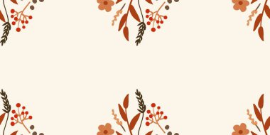 Güz Kış Şablonu Kapak, Bayrak ve Notlar için Arkaplan Çizimi. Sonbahar Estetik Arkaplanı. Bitki ve Çiçek Desenli Arkaplan. 