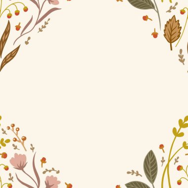 Güz Kış Şablonu Kapak, Bayrak ve Notlar için Arkaplan Çizimi. Sonbahar Estetik Arkaplanı. Bitki ve Çiçek Desenli Arkaplan. 