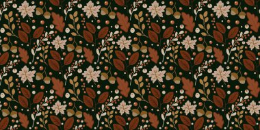 Güz Kış Şablonu Kapak, Bayrak ve Notlar için Arkaplan Çizimi. Sonbahar Estetik Arkaplanı. Bitki ve Çiçek Desenli Arkaplan. 