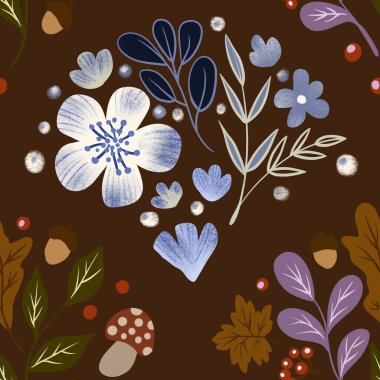 Güz Kış Şablonu Kapak, Bayrak ve Notlar için Arkaplan Çizimi. Sonbahar Estetik Arkaplanı. Bitki ve Çiçek Desenli Arkaplan. 