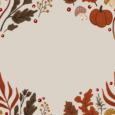 Güz Kış Şablonu Kapak, Bayrak ve Notlar için Arkaplan Çizimi. Sonbahar Estetik Arkaplanı. Bitki ve Çiçek Desenli Arkaplan. 