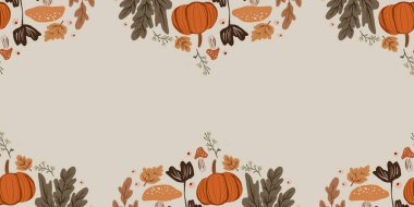 Güz Kış Şablonu Kapak, Bayrak ve Notlar için Arkaplan Çizimi. Sonbahar Estetik Arkaplanı. Bitki ve Çiçek Desenli Arkaplan. 