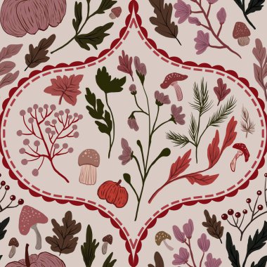 Güz Kış Şablonu Kapak, Bayrak ve Notlar için Arkaplan Çizimi. Sonbahar Estetik Arkaplanı. Bitki ve Çiçek Desenli Arkaplan. 