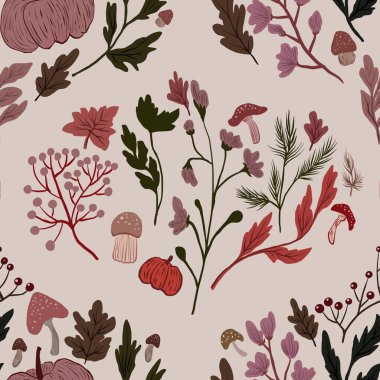 Güz Kış Şablonu Kapak, Bayrak ve Notlar için Arkaplan Çizimi. Sonbahar Estetik Arkaplanı. Bitki ve Çiçek Desenli Arkaplan. 