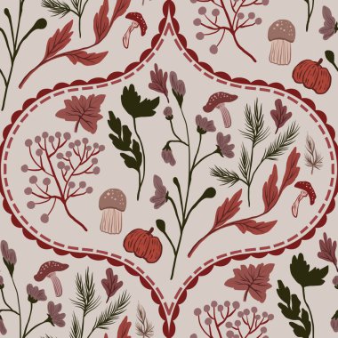 Güz Kış Şablonu Kapak, Bayrak ve Notlar için Arkaplan Çizimi. Sonbahar Estetik Arkaplanı. Bitki ve Çiçek Desenli Arkaplan. 