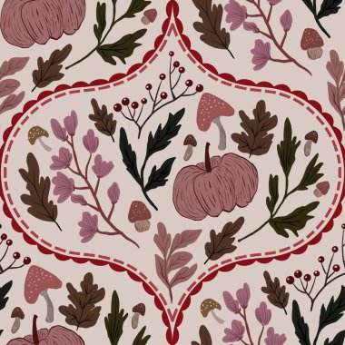 Güz Kış Şablonu Kapak, Bayrak ve Notlar için Arkaplan Çizimi. Sonbahar Estetik Arkaplanı. Bitki ve Çiçek Desenli Arkaplan. 