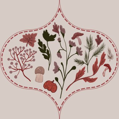 Güz Kış Şablonu Kapak, Bayrak ve Notlar için Arkaplan Çizimi. Sonbahar Estetik Arkaplanı. Bitki ve Çiçek Desenli Arkaplan. 