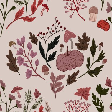 Güz Kış Şablonu Kapak, Bayrak ve Notlar için Arkaplan Çizimi. Sonbahar Estetik Arkaplanı. Bitki ve Çiçek Desenli Arkaplan. 