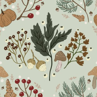 Güz Kış Şablonu Kapak, Bayrak ve Notlar için Arkaplan Çizimi. Sonbahar Estetik Arkaplanı. Bitki ve Çiçek Desenli Arkaplan. 